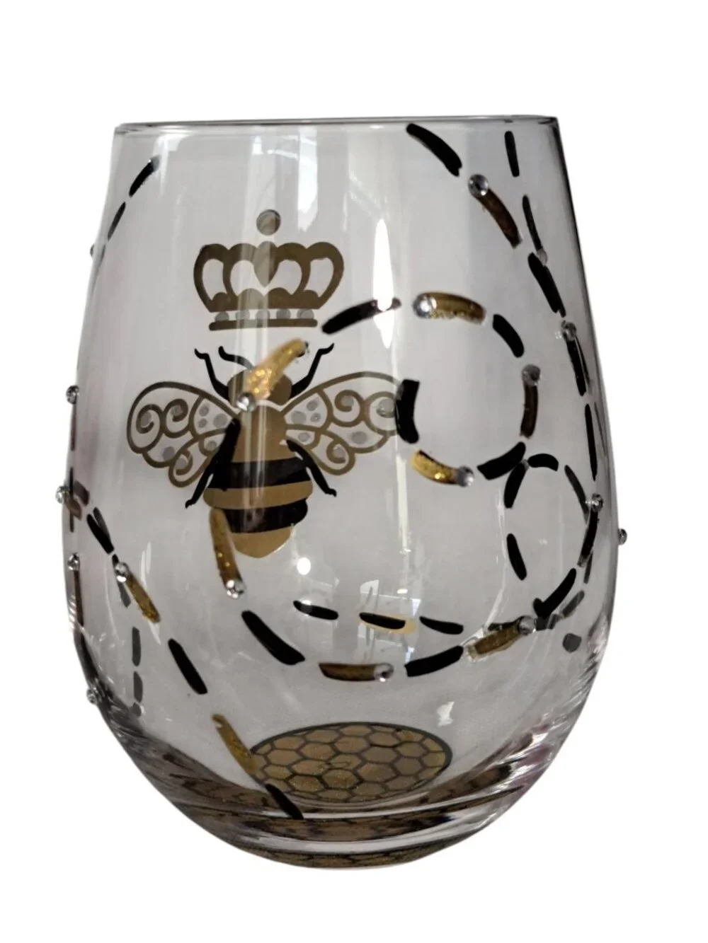 Lolita Queen Bee Stemless Hand Painted & Jeweled 19oz Wine Glass. RARE!